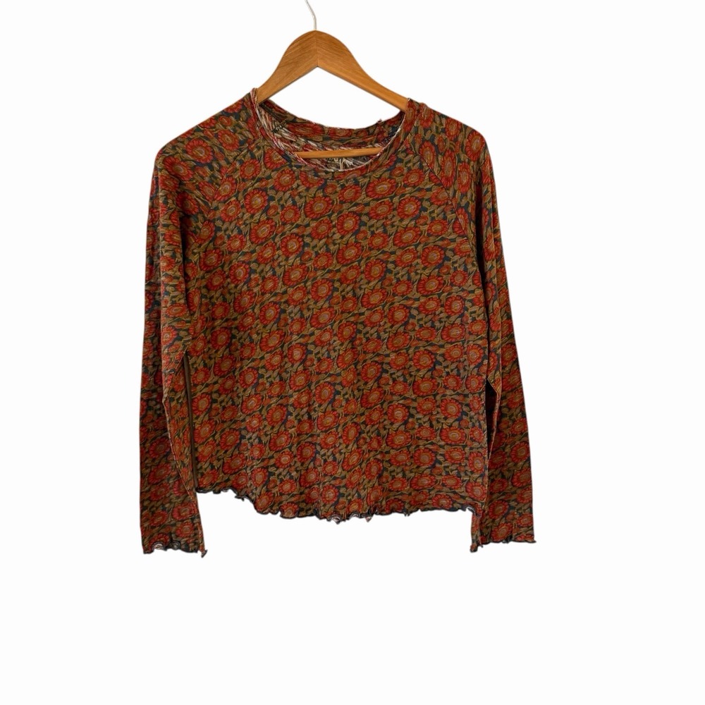 Natural Life Floral Tee Shirt Top Womens M Teal Orange Lettuce Hem Boho NWT